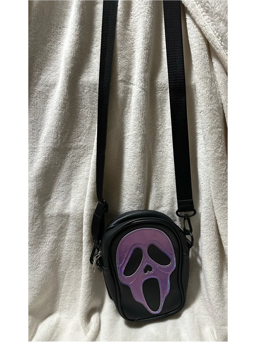 Black Crossbody Bag with Purple Ghostface Accent